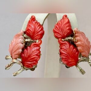 Elegant Carved Faux Coral Leaf Cluster Clip On Earrings